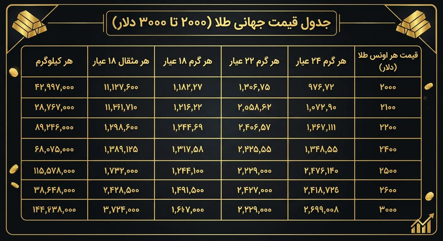 جدول قیمت طلا از 2000 تا 3000 دلار
