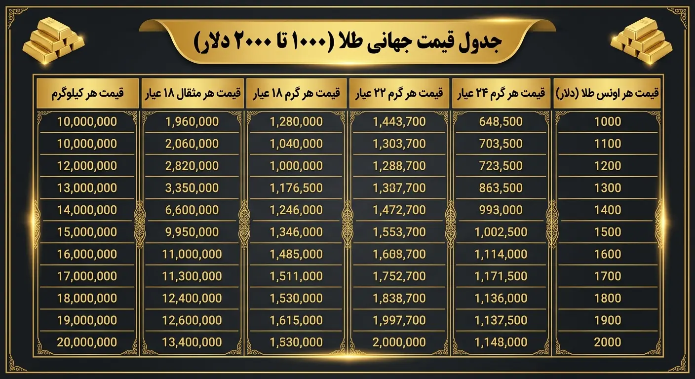 جدول قیمتی طلا بازه 1000 تا 2000 دلار