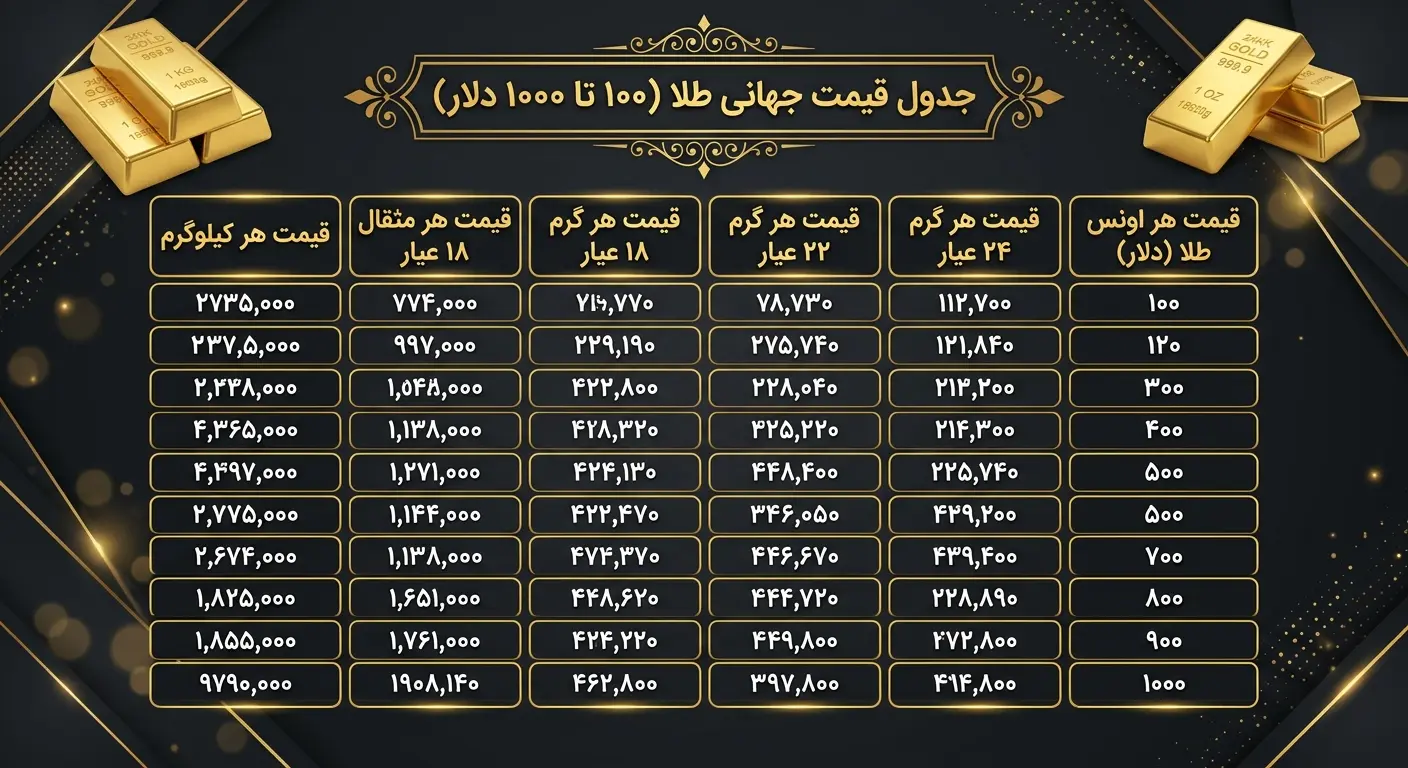 جدول قیمتی طلا در بازه 100 دلار تا 1000 دلار