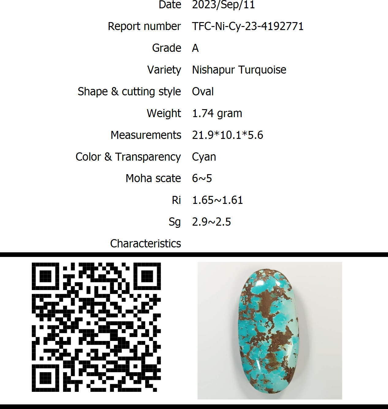 فیروزه نیشابور طبیعی گرید A وزن 1.74 گرم با شناسنامه بین المللی iga-global